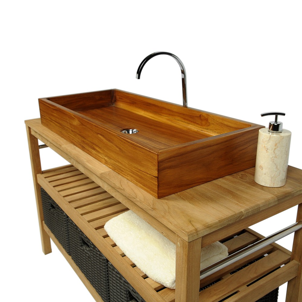 Teak Holz Waschbecken edles Doppelwaschbecken Bad Spa rechteckig 90 x
